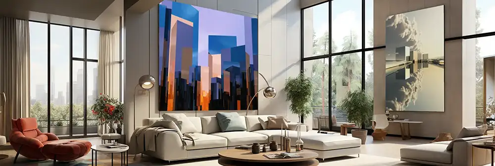 moderne Wohnumgebung mit Wandbildern Architektur Wohnumgebung mit zwei Wandbildern von beeindruckender Architektur