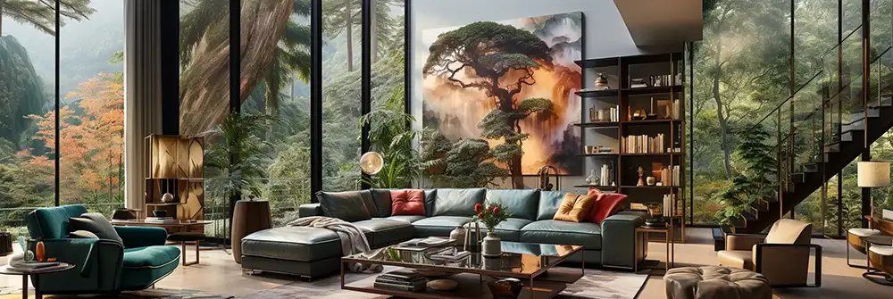 Wohnzimmer mit einem Wandbild mit Naturmotiv
