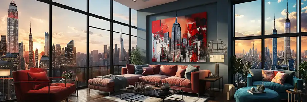 Wohnzimmer mit Wandbild mit urbanen Motiv