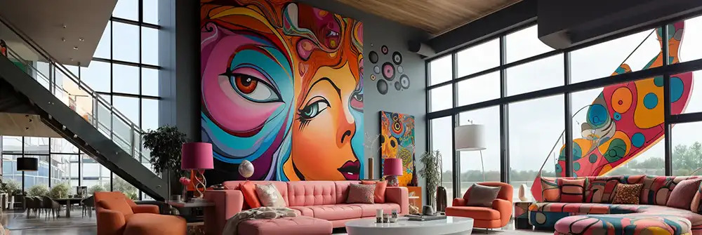 Wohnumgebung mit surrealistischem Wandbild