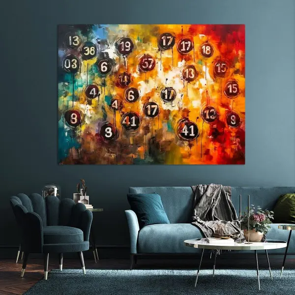 Wohnbeispiel abstraktes Wandbild "Das Rätsel der Zahlen" in kräftigen Farben mit verwirrenden Zahlen im Vordergrund.
