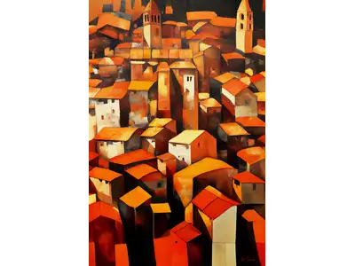 Wandbild und Fototapete mit einem Stadtmotiv wie man es aus dem Mittelmeerraum kennt, aus der Vogelperspektive mit dem Titel Über den Dächern der Stadt - mediterran in der Max Steinwald Art Galerie