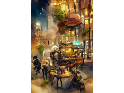 Wandbild und Fototapete mit einem dekorativen Motiv mit dem Titel Straßencafe am Abend in der Max Steinwald Art Galerie