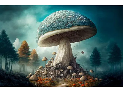 Wandbild und Fototapete mit einem fantastischem Motiv mit dem Titel In der Pilzschule - Lernen für das Leben in der Max Steinwald Art Galerie