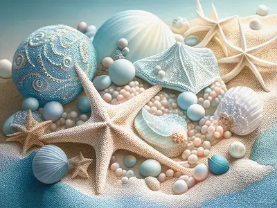 Wandbild und Fototapete mit einem Stillleben mit dem Titel Küstenzauber-Stillleben aus Muscheln und Seesternen in der Max Steinwald Art Galerie