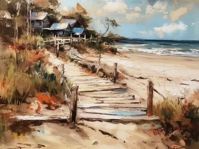 Wandbild und Fototapete mit einem Landschaftsmotiv mit dem Titel Der Strand mit den alten Fischerhütten in der Max Steinwald Art Galerie