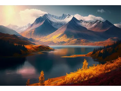 Wandbild und Fototapete mit einem Landschaftsmotiv mit dem Titel Indian Summer am Bergsee in der Max Steinwald Art Galerie