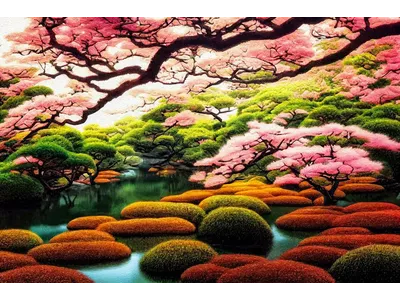 Wandbild und Fototapete mit einem Landschaftsmotiv mit dem Titel Japanischer Garten während der Kirschblüte in der Max Steinwald Art Galerie