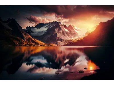 Wandbild und Fototapete mit einem Landschaftsmotiv mit dem Titel Sonnenuntergang am Bergsee - Bergromantik pur in der Max Steinwald Art Galerie