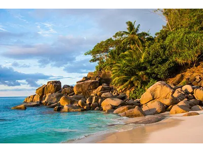 Wandbild und Fototapete mit einem Landschaftsmotiv mit dem Titel Traumstrand Anse Georgette - Praslin - Seychellen in der Max Steinwald Art Galerie