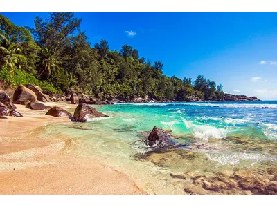 Wandbild und Fototapete mit einem Landschaftsmotiv mit dem Titel Traumstrand Anse Intendance - Mahé - Seychellen in der Max Steinwald Art Galerie