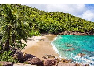 Wandbild und Fototapete mit einem Landschaftsmotiv mit dem Titel Traumstrand Anse Major - Mahé - Seychellen in der Max Steinwald Art Galerie