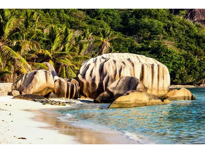 Wandbild und Fototapete mit einem Landschaftsmotiv mit dem Titel Traumstrand Anse Source d'Argent - La Digue - Seychellen 3 in der Max Steinwald Art Galerie