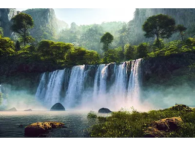 Wandbild und Fototapete mit einem Landschaftsmotiv mit dem Titel Wasserfall im grünen Tal in der Max Steinwald Art Galerie