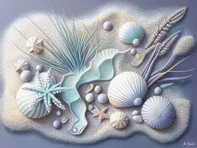 Wandbild und Fototapete mit einem Stillleben mit dem Titel Ozeanische Eleganz-Stillleben mit Muscheln und Seesternen in der Max Steinwald Art Galerie