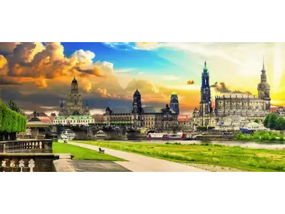 Wandbild und Fototapete mit einer Stadtansicht von Dresden mit dem Titel Ansicht von Dresden - Canaletto Blick heute in der Max Steinwald Art Galerie