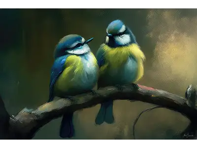 Tier Motiv für Wandbild Fototapete mit dem Titel Vogel Paar - Blaumeisen beim turteln